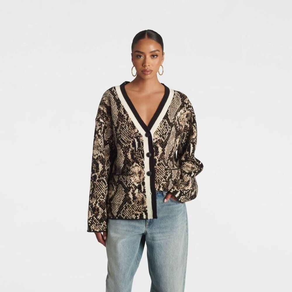 KBB by KAHLANA Women's Snake Print 'The Slouchy Cardigan Sweater' - Brown M